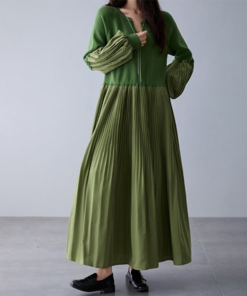 ReRe ワンピース 異素材プリーツ切替ニットワンピース : ZOZOTOWN