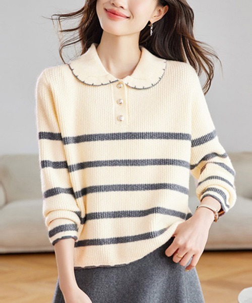 ニット セーター スカラップ襟ボーダーニットトップス レディース