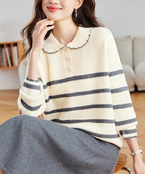 ニット セーター スカラップ襟ボーダーニットトップス レディース