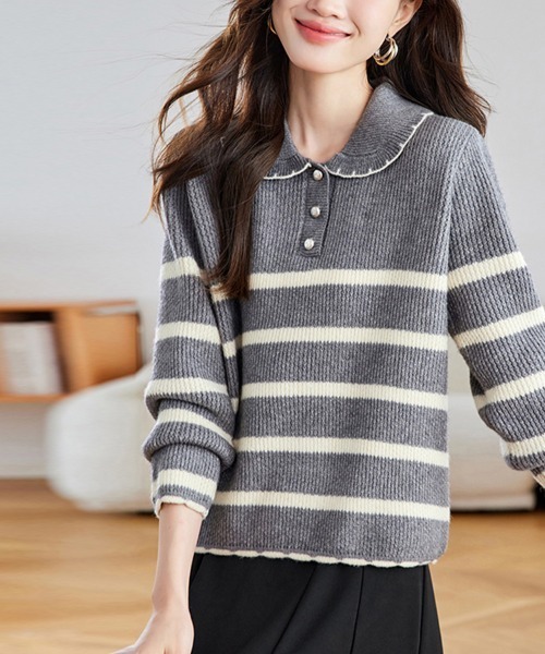 ニット セーター スカラップ襟ボーダーニットトップス レディース