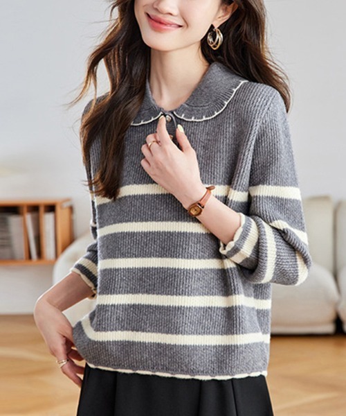 ニット セーター スカラップ襟ボーダーニットトップス レディース