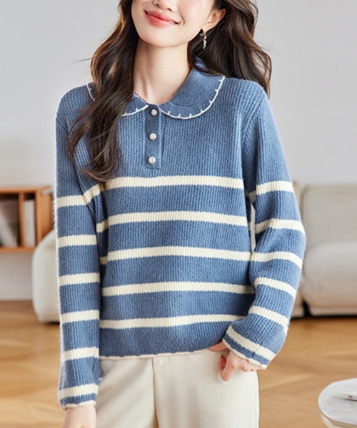 ニット セーター スカラップ襟ボーダーニットトップス レディース