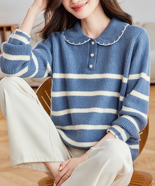 ニット セーター スカラップ襟ボーダーニットトップス レディース
