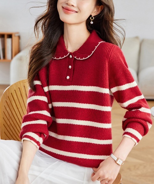 ニット セーター スカラップ襟ボーダーニットトップス レディース