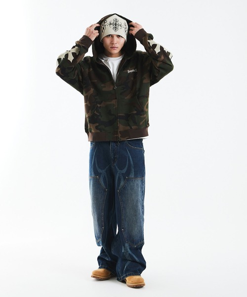 パーカー ジップフーディ｜Camouflage Cross Leather Patch Zip Hoodie｜SUPPLIER メンズ レディース