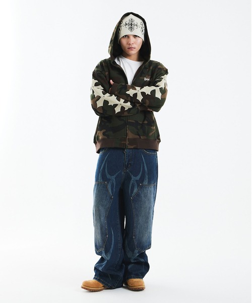 パーカー ジップフーディ｜Camouflage Cross Leather Patch Zip Hoodie｜SUPPLIER メンズ レディース