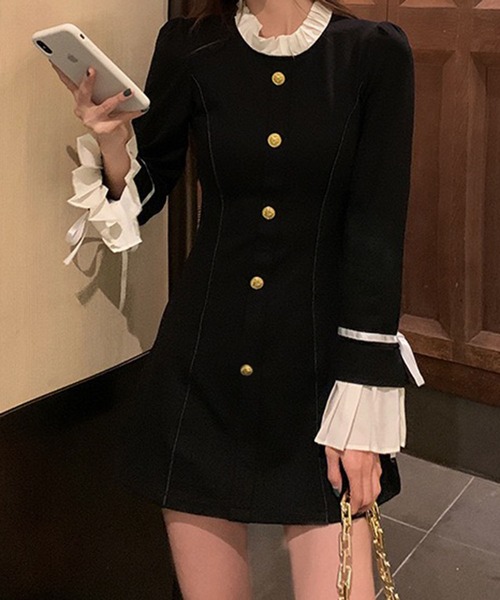 ワンピース フリルネック ゴールドボタン クラシカルミニワンピース / 韓国 ガーリー | lulufa | 15