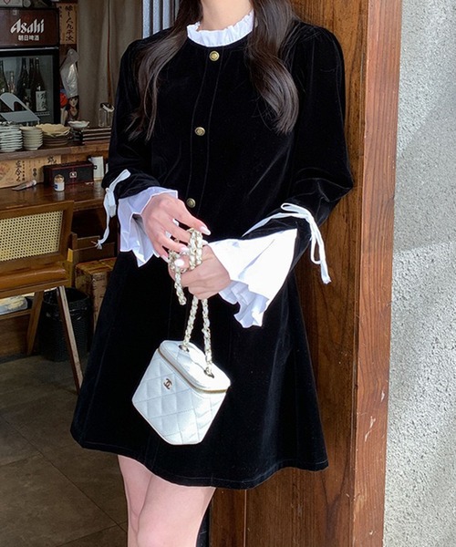 ワンピース フリルネック ゴールドボタン クラシカルミニワンピース / 韓国 ガーリー | lulufa | 19