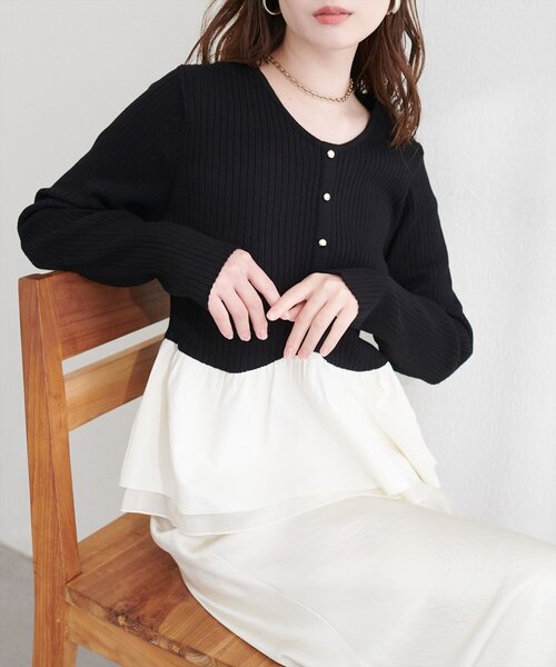 natural couture ニット セーター 異素材ペプラムニット レディース