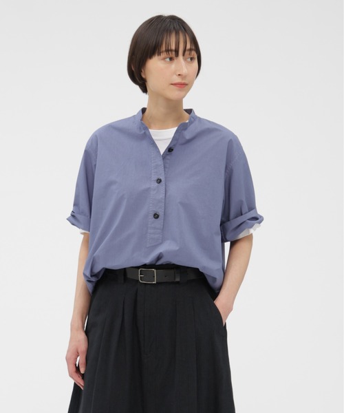 MHL. コットンラミーポプリン シャツ 半袖 リネン ブルー 20SS Ⅰ MHL.（エムエイチエル） ブラウス シャツ 半袖 COTTON RAMIE POPLIN