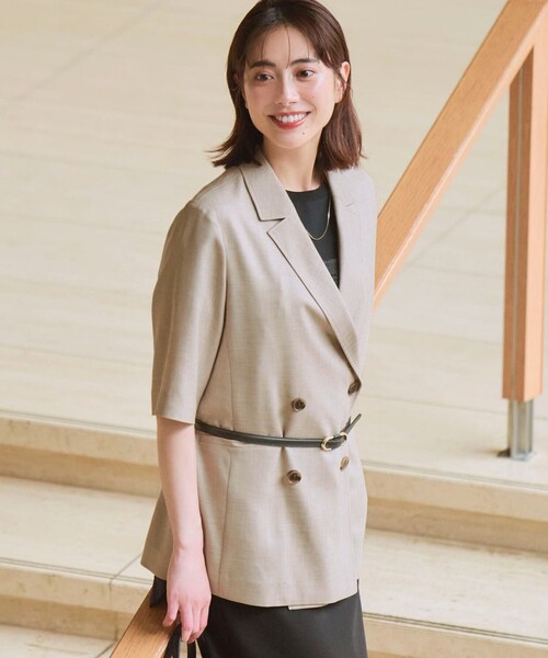 リネン　ジャケット　コート コート アウター リネンライクグロッシー ハーフスリーブ ダブル