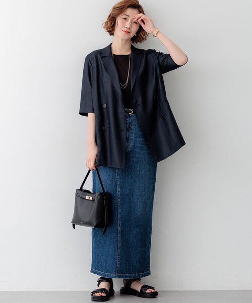 コート アウター リネンライクグロッシー ハーフスリーブ ダブル