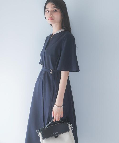 jun ashidaネイビー半袖 フレアスリーブ 膝丈ワンピース　サイズ9 M ワンピース 半袖 ウォッシャブルフレアスリーブワンピース : ZOZOTOWN