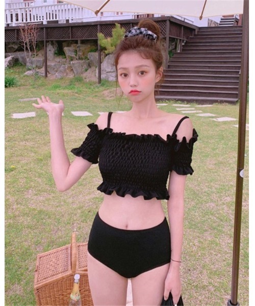 シャーリング花柄オフショルダー ハイウエスト ビキニ 大特価】ピンク 花柄 フラワー シャーリング ギャザー レース