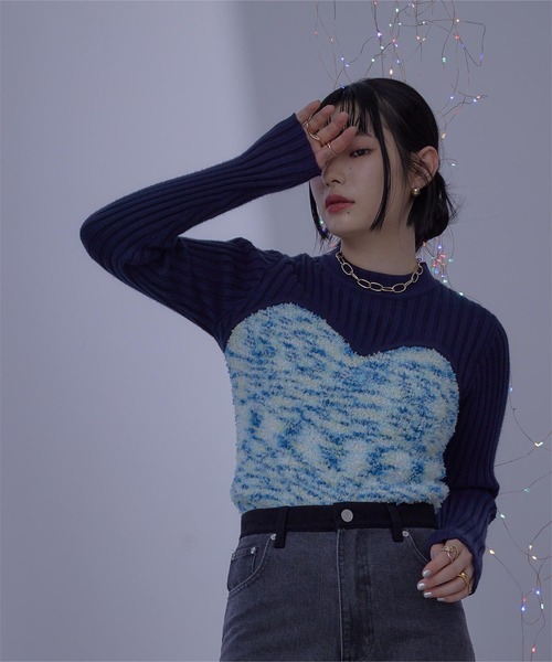 ミエット miette リボンヤーンビスチェ切替ニット （ネイビー） ミエット miette リボンヤーンビスチェ切替ニット （ネイビー