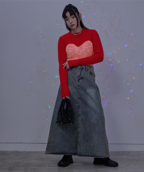 ミエット miette リボンヤーンビスチェ切替ニット （ネイビー） ミエット miette リボンヤーンビスチェ切替ニット （ネイビー