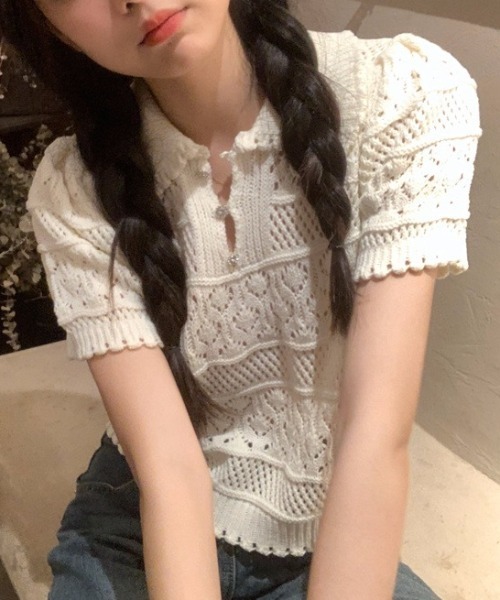 Achic ニット セーター かぎ針編み半袖薄手 ポロ襟ニット
