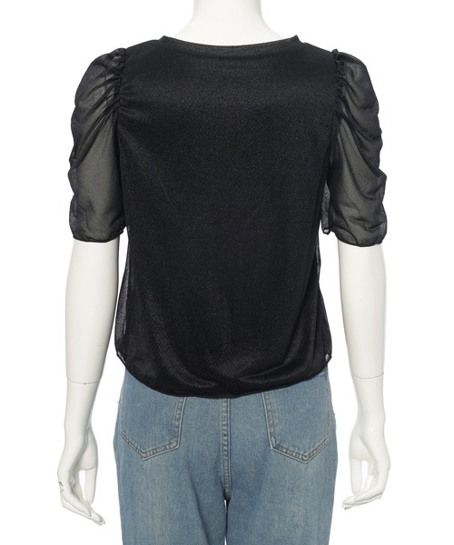 fletta ブルーグレー パフスリーブ トップス cheriella】ソフトラメシアーパフスリーブトップス半袖（Tシャツ