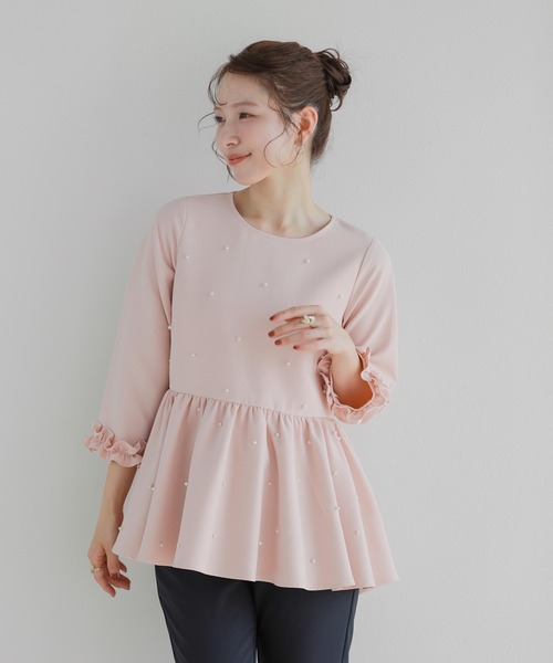 CABaN フリル付き半袖シャツ ペプラム Fit more ブラウス シャツ 袖フリルパールペプラムトップス