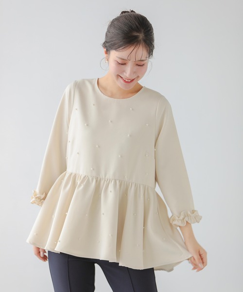 fitmore トップス Fit more ブラウス シャツ 袖フリルパールペプラムトップス