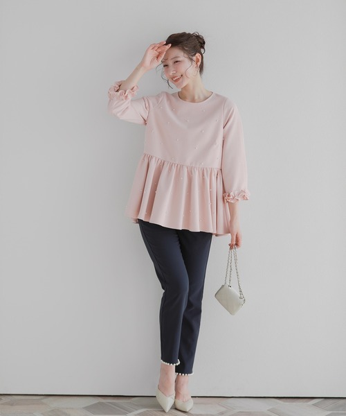 ブラウス シャツ フリルペプラムトップス レディース Fit more ブラウス シャツ Vネックフリンジドットペプラム