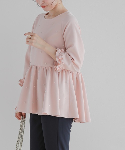 Fit more ブラウス シャツ 袖フリルパールペプラムトップス