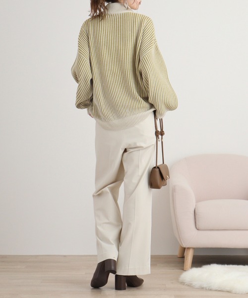 お値下げ⭐︎カーキ・ベージュストライプニットセーター myke ニット セーター 配色ストライプリブニットプルオーバー