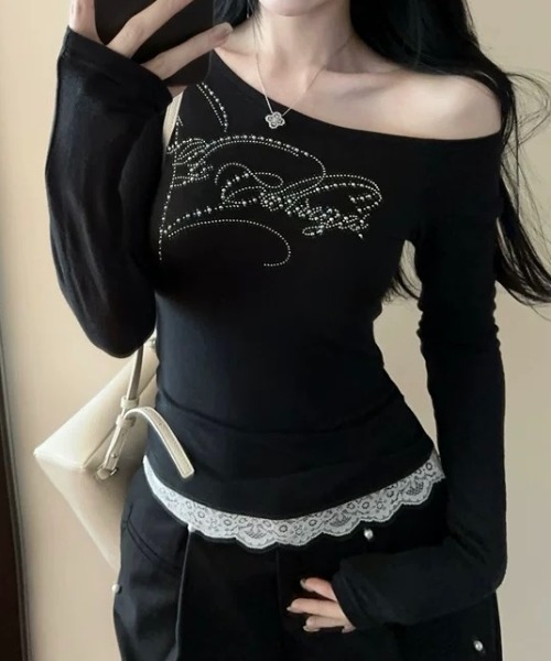 SHEENA（シーナ） tシャツ ラインストーンロゴワンショルトップス/ロン