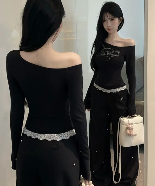 SHEENA（シーナ） tシャツ ラインストーンロゴワンショルトップス/ロン