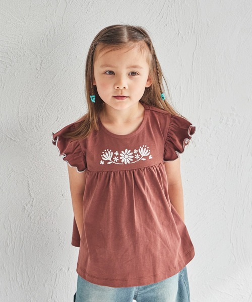 pairmanon tシャツ 「綿100%」花柄刺繍 袖フリルTシャツ キッズ