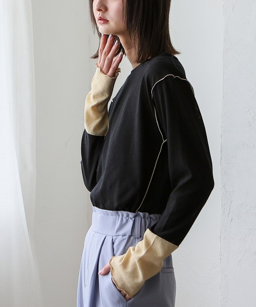 VitaFelice tシャツ 袖配色 切替 シアーシャツ メロートップス