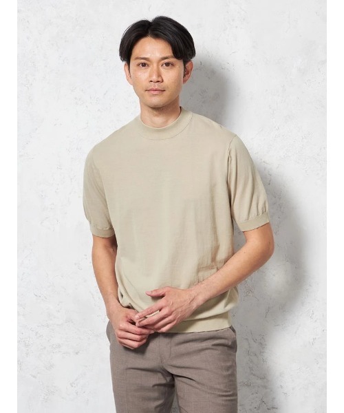 モックネック半袖トップス DUOMO BEIGE tシャツ 「綿100％」半袖 モックネック ニットTシャツ「リッケン
