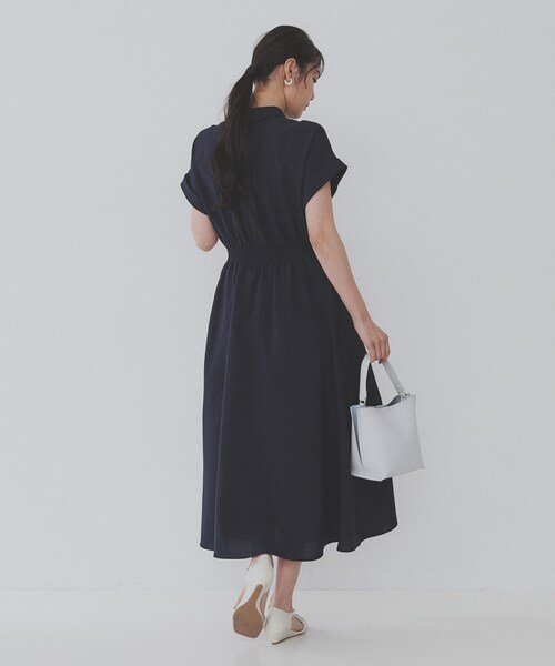 【新品未使用】Lサイズ　レディースワンピース　OPAQUE.CLIP NAVY セール】リネンライクシャツワンピース【洗濯機洗い可/吸水速乾