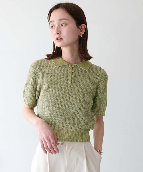 tシャツ 「CLEIO」地柄編み半袖ポロニット レディース