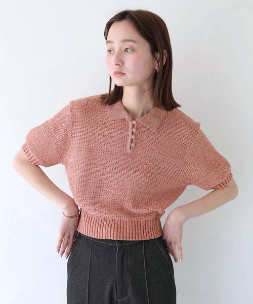 tシャツ 「CLEIO」地柄編み半袖ポロニット レディース CLEIO tシャツ 「CLEIO」地柄編み半袖ポロニット レディース