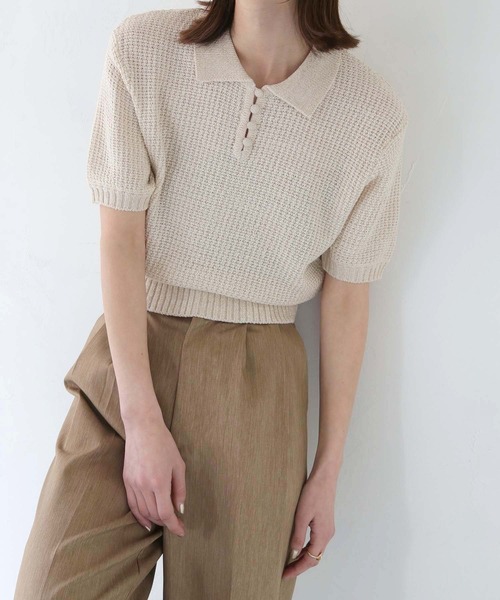 tシャツ 「CLEIO」地柄編み半袖ポロニット レディース CLEIO tシャツ 「CLEIO」地柄編み半袖ポロニット レディース