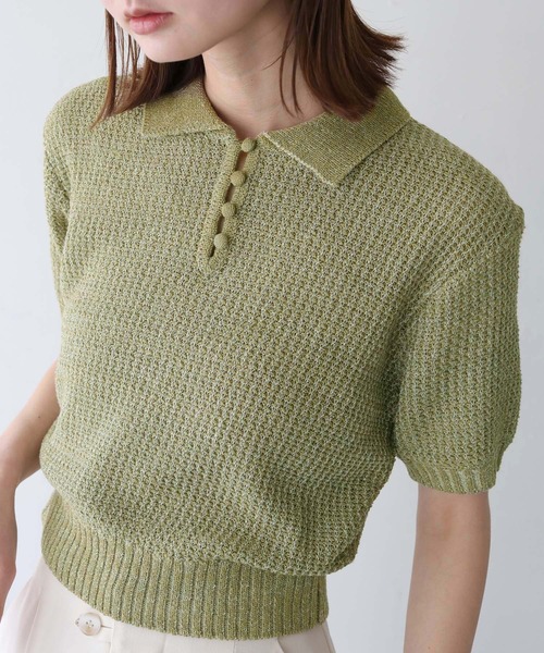 tシャツ 「CLEIO」地柄編み半袖ポロニット レディース CLEIO tシャツ 「CLEIO」地柄編み半袖ポロニット レディース