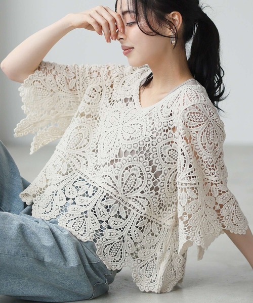 itto tシャツ 半袖 総レースかぎ針編みプルオーバー レディース