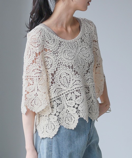 定価¥2.5万　ANAYI コットン総針レース刺繍プルオーバー/セオリー、ロペ レースラインコットンナイロンクループルオーバー | ANAYI/アナイ