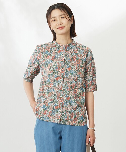 ブラウス シャツ 「洗える」LIBERTY バンドカラー ブラウス レディース