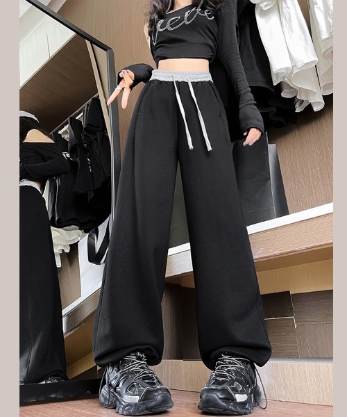 2色 スウェットパンツ ワイドレッグ ルーズ スポーティ ラフ ルーズ スウェットパンツ ストレート ワイドレッグ 2色