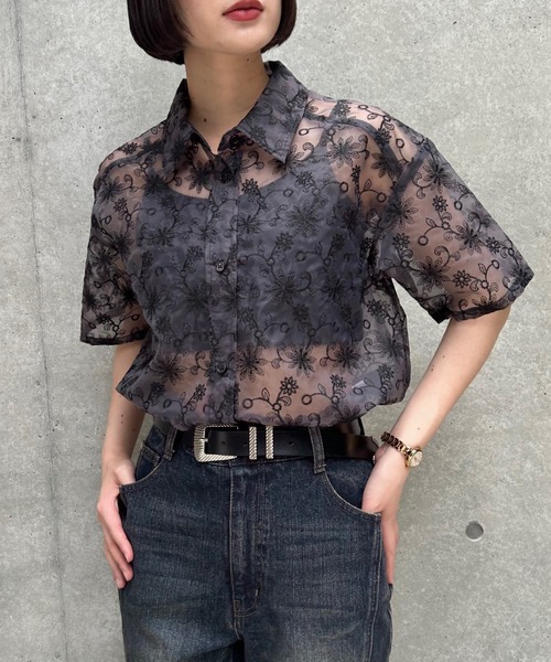 ブラウス シャツ フラワーシシュウシアーシャツ レディース