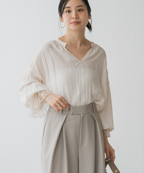 NOBLE（ノーブル） ブラウス シャツ レーストリミングフリルカフス