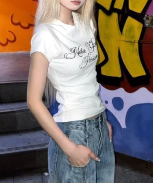 LADY LIKE（レディライク） tシャツ ラインストーンロゴ美シルエット