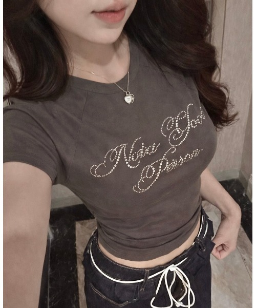 LADY LIKE（レディライク） tシャツ ラインストーンロゴ美シルエット 