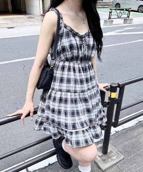 INGNI ワンピース チェック柄ミニキャミティアードワンピース