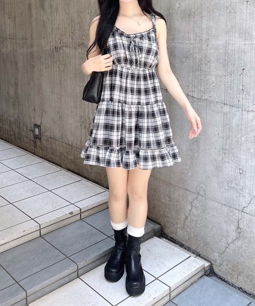 INGNI ワンピース チェック柄ミニキャミティアードワンピース