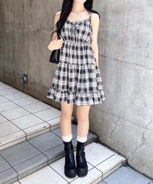 GANNI チェック柄ティアードミニワンピース INGNI ワンピース チェック柄ミニキャミティアードワンピース