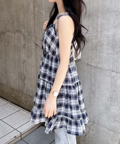 GANNI チェック柄ティアードミニワンピース GANNI チェック柄ティアードミニワンピース