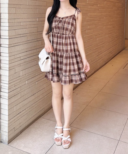 INGNI ワンピース チェック柄ミニキャミティアードワンピース